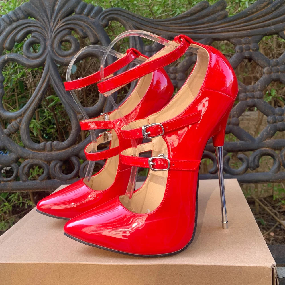 16cm Super High Heels Ankle Strap Red Pumps - Y2K Fashion Stilettos for Grunge Aesthetic
