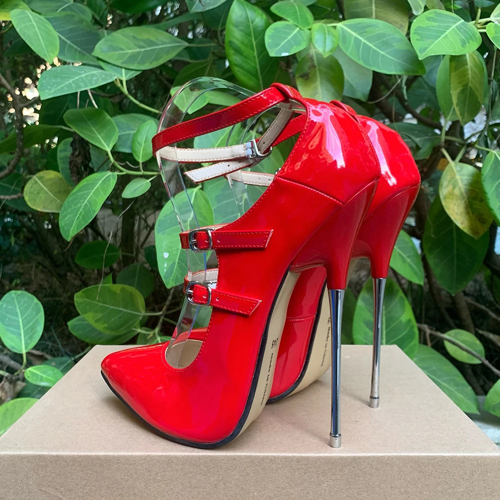 16cm Super High Heels Ankle Strap Red Pumps - Y2K Fashion Stilettos for Grunge Aesthetic
