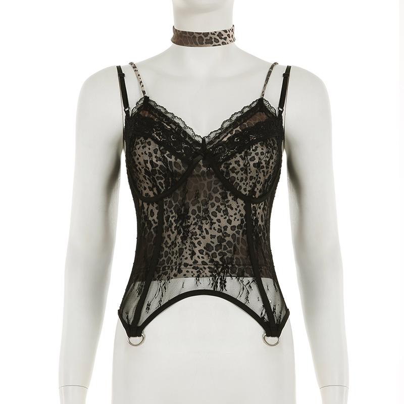 Backless Lace Hem V-Neck Leopard Print Cami Top - Y2K Fashion & Coquette Aesthetic