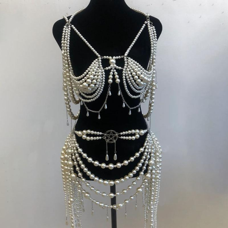 Chic Beaded Metal Chain Hollow Out Faux Pearl Top - Y2K Fashion & Coquette Aesthetic