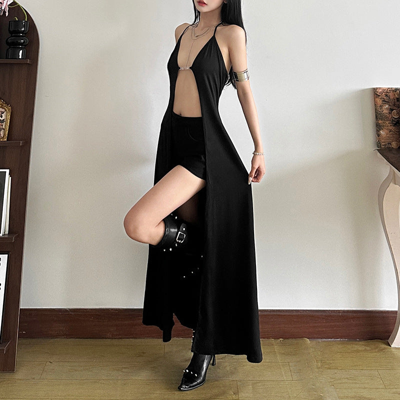 Chic Halter Maxi Dress with Metal Tag - Y2K Fashion, Coquette Aesthetic, and Grunge Style