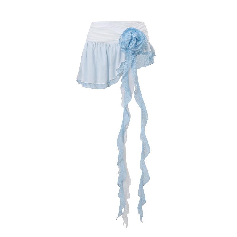 Chic Irregular Ruffle Rose Applique Lace A-Line Mini Skirt for Y2K Fashion Lovers