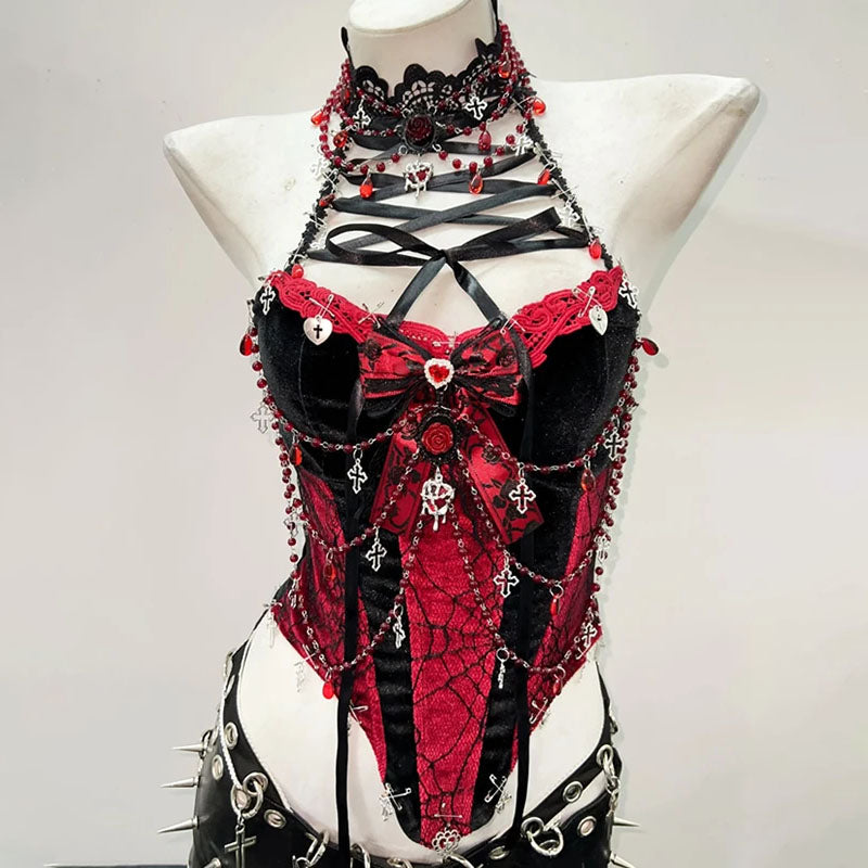 Chic Lace-Up Bowknot Top with Beaded Flower Appliqué - Perfect for Y2K & Coquette Aesthetic