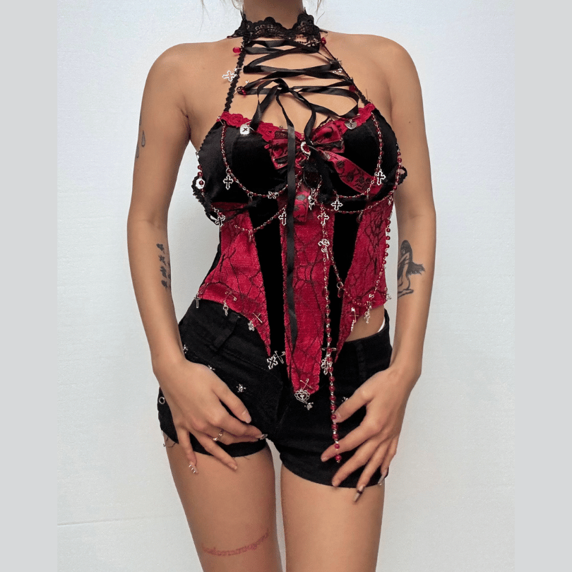 Chic Lace-Up Bowknot Top with Beaded Flower Appliqué - Perfect for Y2K & Coquette Aesthetic