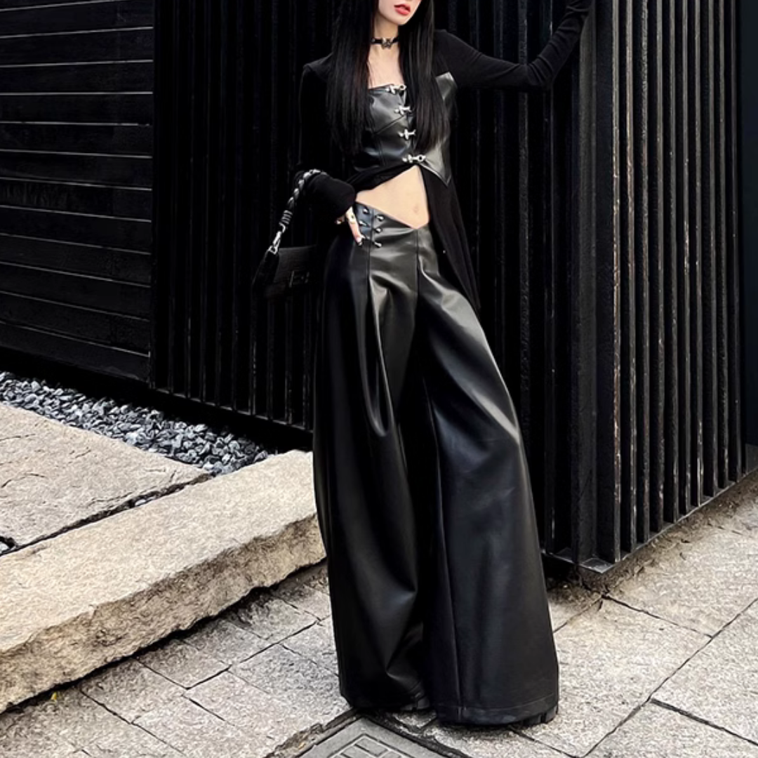 Chic Long Sleeve PU Leather Patchwork Ribbed Slit Pant Set for Y2K Fashion Lovers