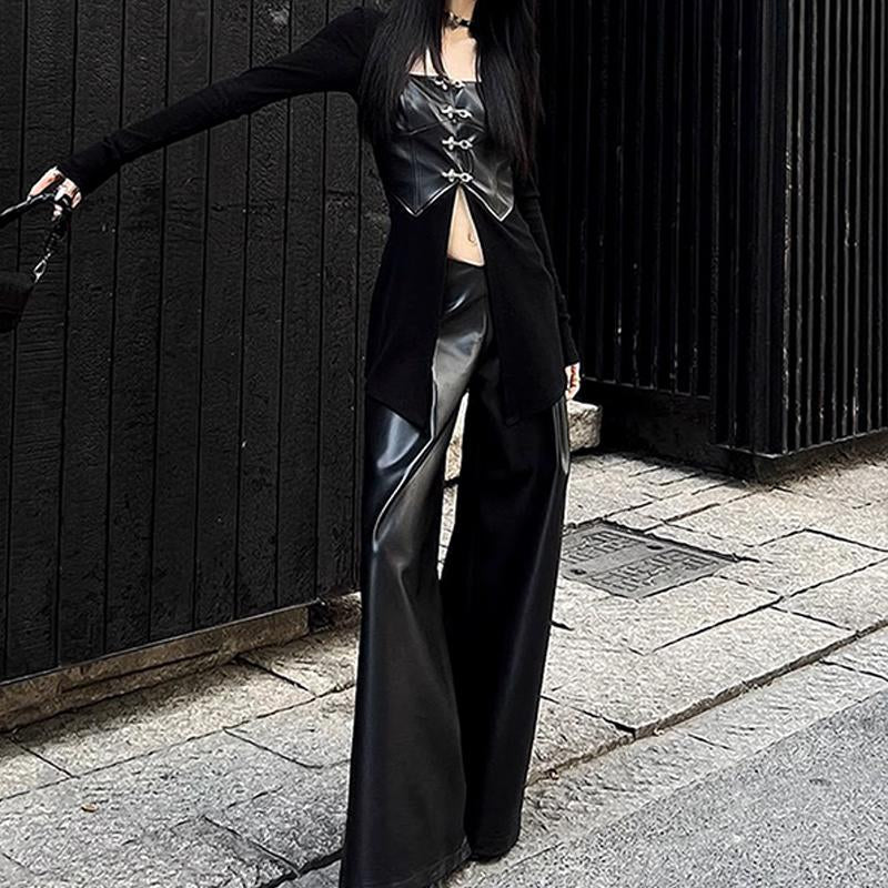 Chic Long Sleeve PU Leather Patchwork Ribbed Slit Pant Set for Y2K Fashion Lovers