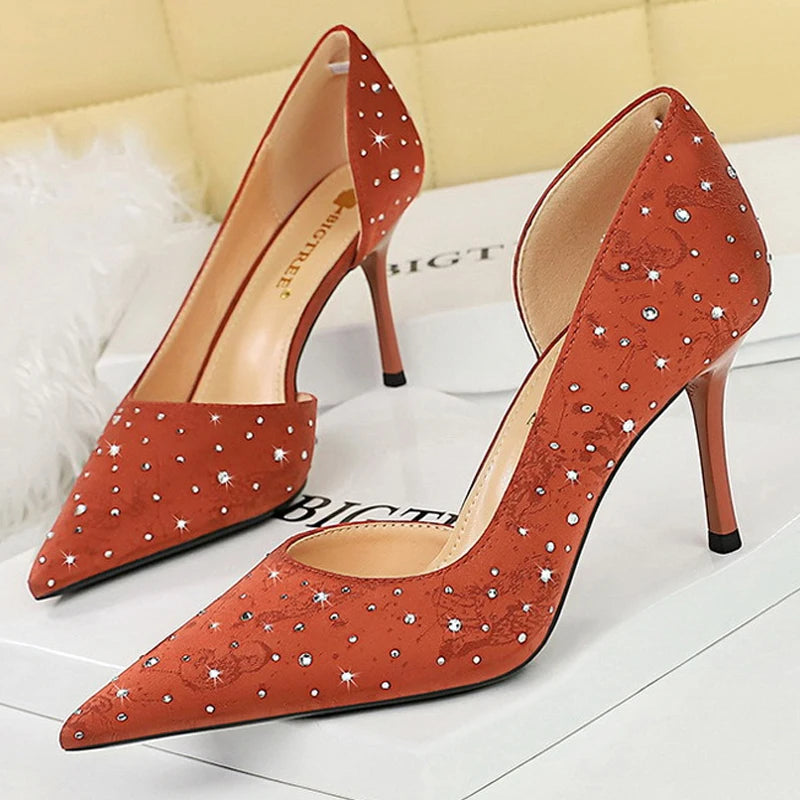 Chic Rhinestone Kitten Heels - 8cm Pumps in Silk Satin for Y2K Fashion & Coquette Aesthetic