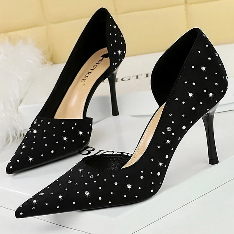 Chic Rhinestone Kitten Heels - 8cm Pumps in Silk Satin for Y2K Fashion & Coquette Aesthetic