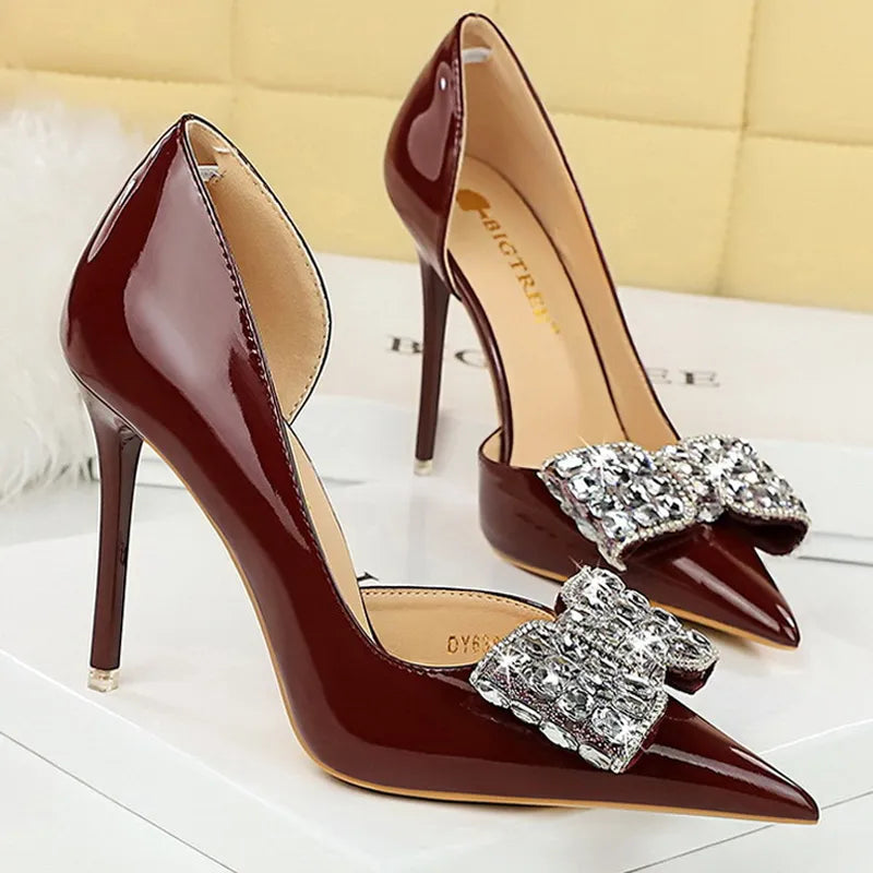 Chic Rhinestone Patent Leather Pumps - Y2K Aesthetic High Heels for Stylish Outfits
