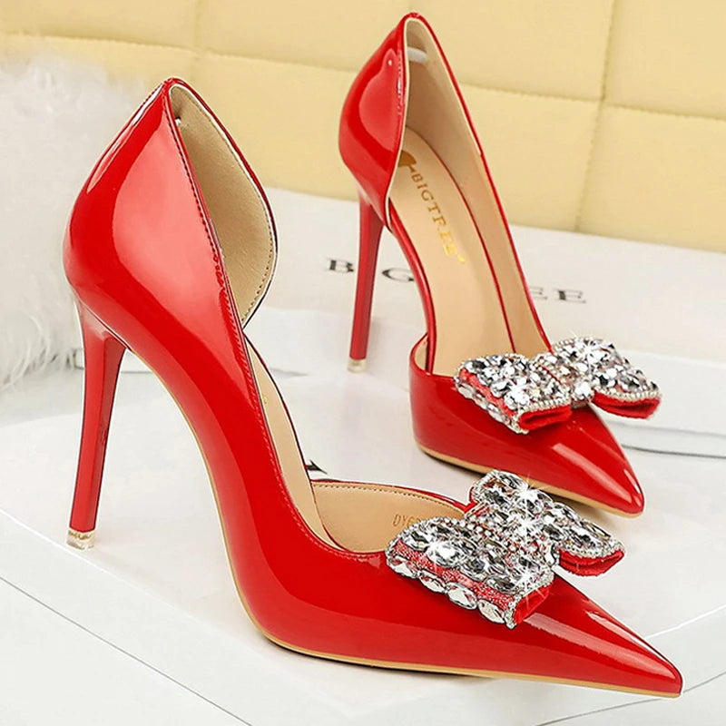 Chic Rhinestone Patent Leather Pumps - Y2K Aesthetic High Heels for Stylish Outfits