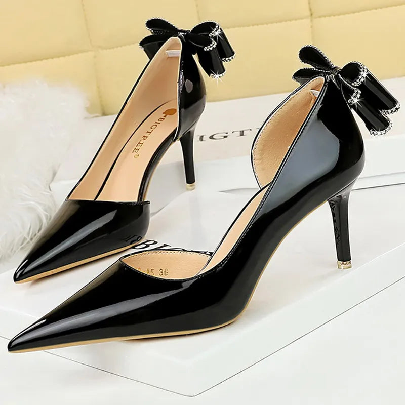 Chic Y2K Patent Leather Kitten Heels with Back Bowknot - Perfect for Coquette Aesthetic Outfits