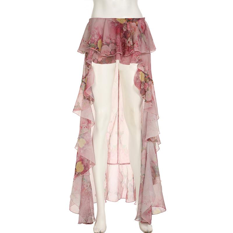 Chiffon Flower Print Ruffle Maxi Skirt - Y2K Aesthetic, Coquette Style, Cute & Comfy