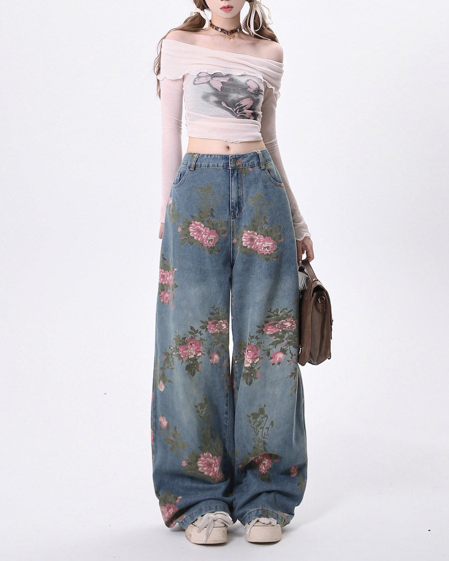 Cottagecore Aesthetic Rose Print Wide Leg Jeans for Y2K Fashion Lovers