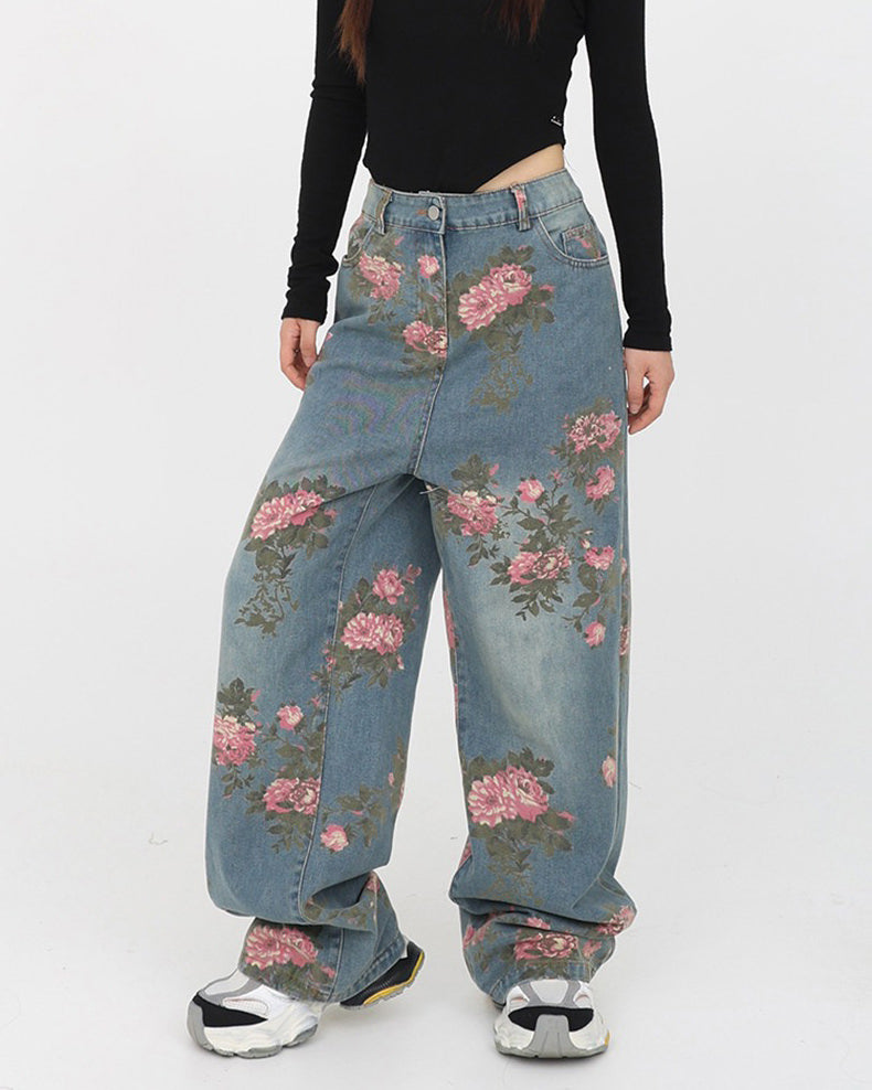 Cottagecore Aesthetic Rose Print Wide Leg Jeans for Y2K Fashion Lovers