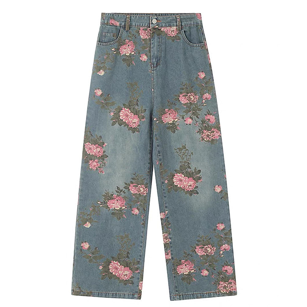 Cottagecore Aesthetic Rose Print Wide Leg Jeans for Y2K Fashion Lovers