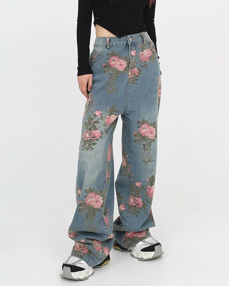 Cottagecore Aesthetic Rose Print Wide Leg Jeans for Y2K Fashion Lovers