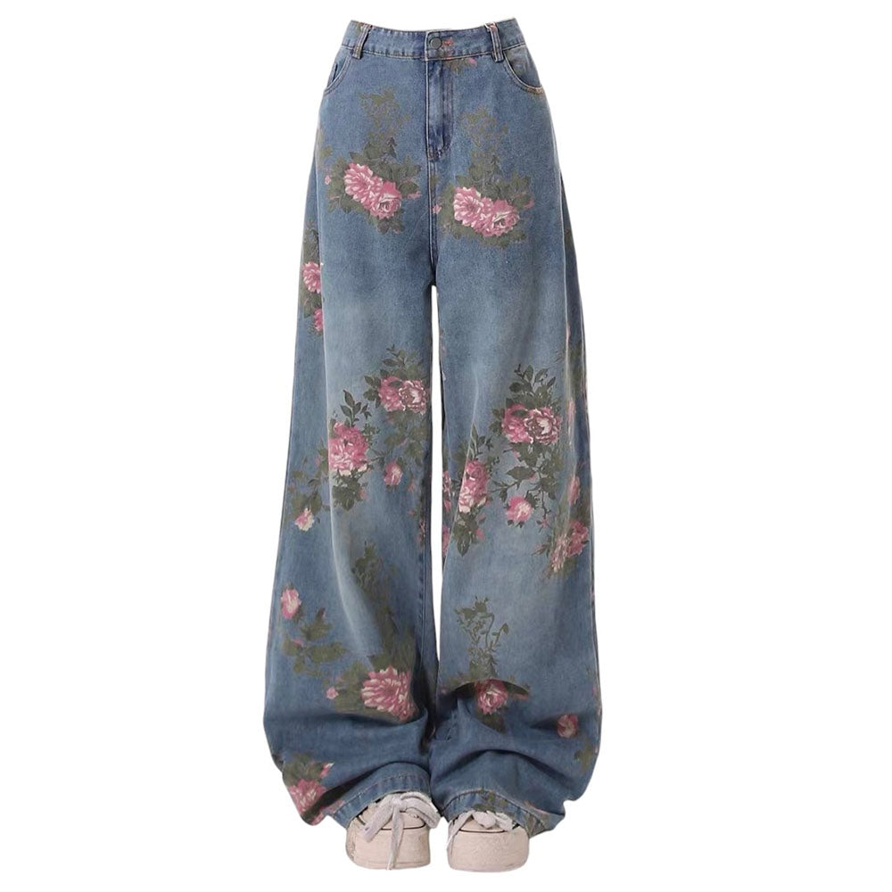 Cottagecore Aesthetic Rose Print Wide Leg Jeans for Y2K Fashion Lovers