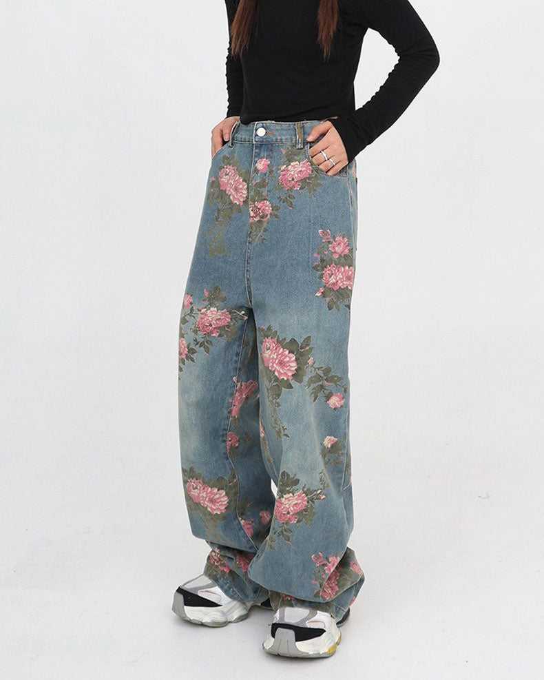 Cottagecore Aesthetic Rose Print Wide Leg Jeans for Y2K Fashion Lovers