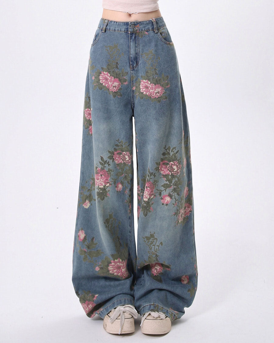 Cottagecore Aesthetic Rose Print Wide Leg Jeans for Y2K Fashion Lovers