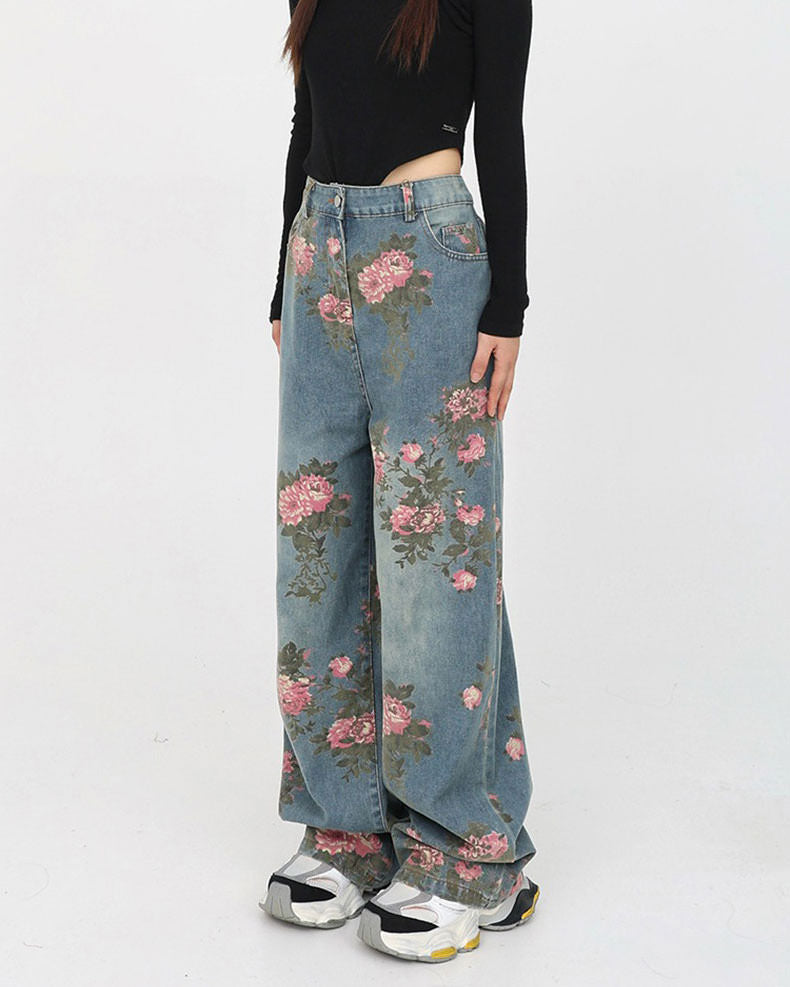 Cottagecore Aesthetic Rose Print Wide Leg Jeans for Y2K Fashion Lovers