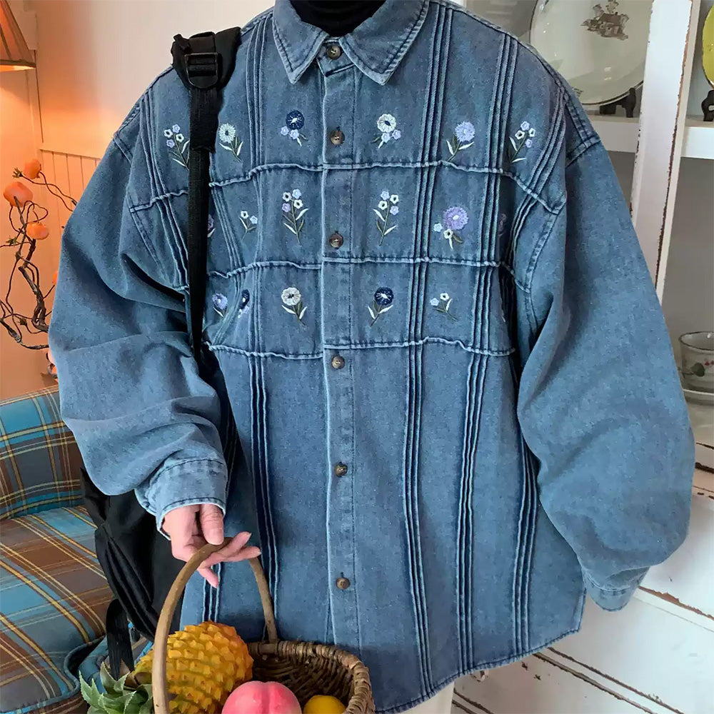 Cottagecore Floral Embroidery Denim Jacket - Y2K Aesthetic Grunge Style Outerwear
