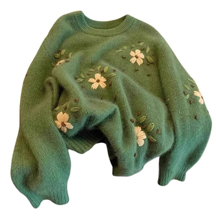 Cottagecore Floral Embroidery Green Sweater - Y2K Aesthetic Comfy Top for Vintage Vibes