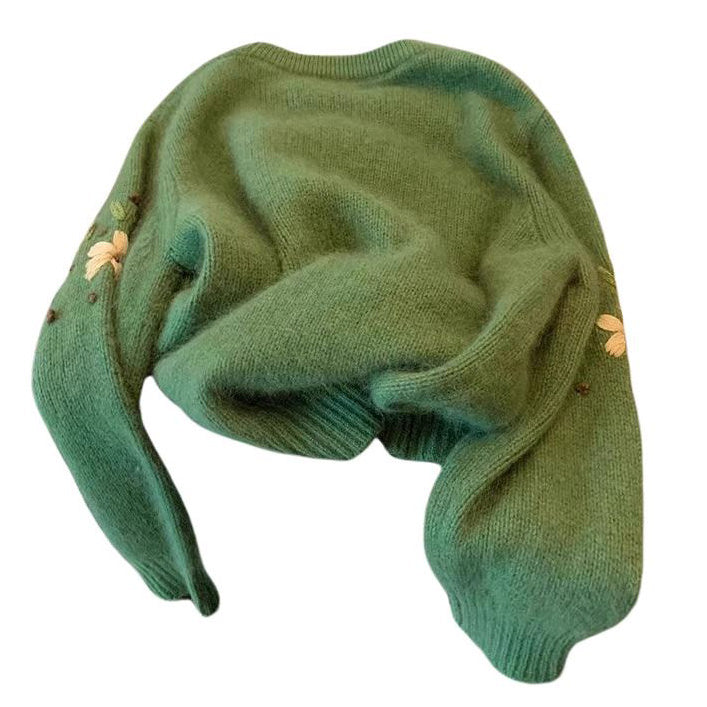 Cottagecore Floral Embroidery Green Sweater - Y2K Aesthetic Comfy Top for Vintage Vibes