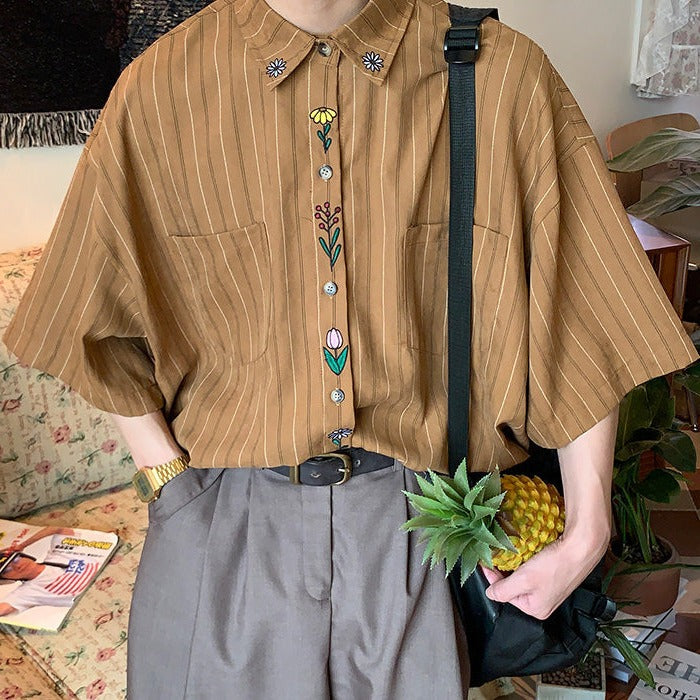 Cottagecore Floral Embroidery Striped Shirt - Y2K Aesthetic Cute Top for Cozy Outfits