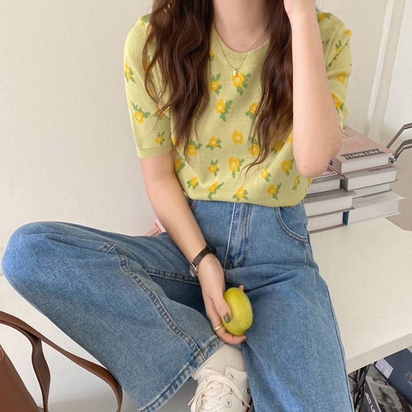 Cottagecore Floral Knit Tee - Y2K Aesthetic Top for Grunge, Coquette, and Soft Girl Styles