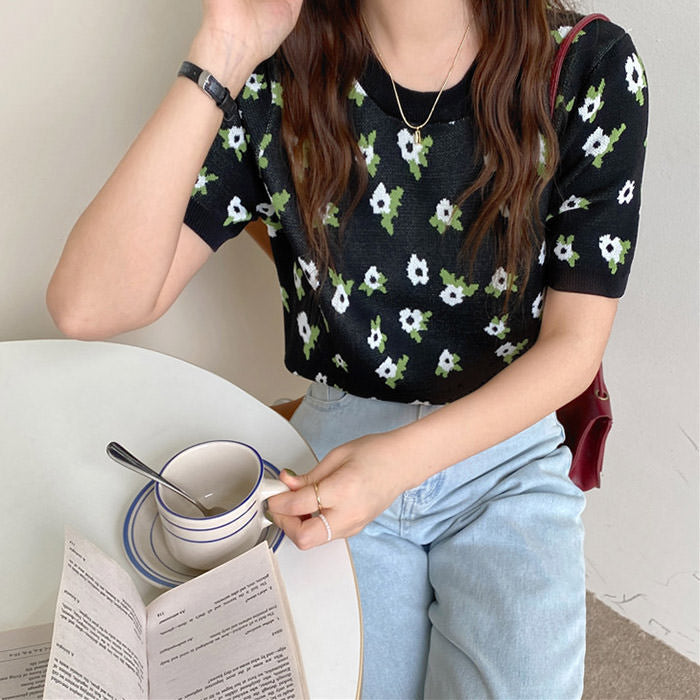 Cottagecore Floral Knit Tee - Y2K Aesthetic Top for Grunge, Coquette, and Soft Girl Styles