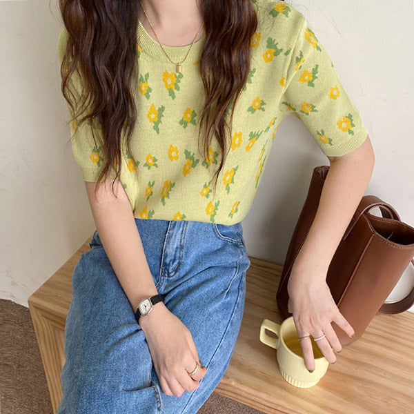 Cottagecore Floral Knit Tee - Y2K Aesthetic Top for Grunge, Coquette, and Soft Girl Styles
