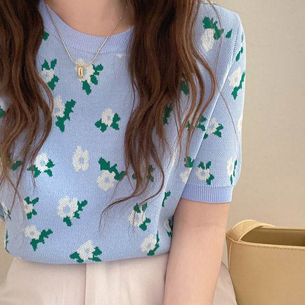 Cottagecore Floral Knit Tee - Y2K Aesthetic Top for Grunge, Coquette, and Soft Girl Styles