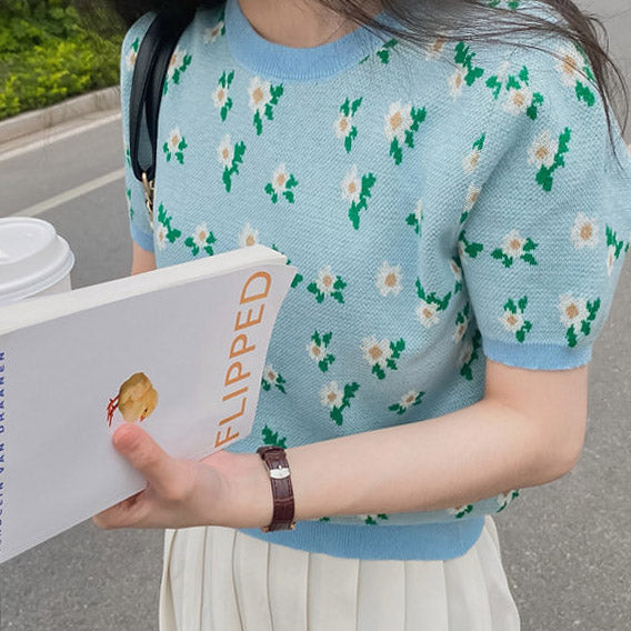Cottagecore Floral Knit Tee - Y2K Aesthetic Top for Grunge, Coquette, and Soft Girl Styles