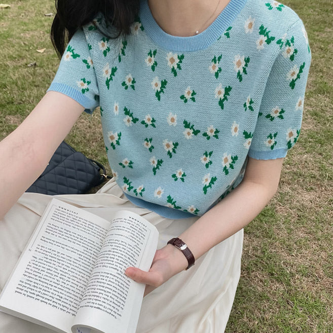 Cottagecore Floral Knit Tee - Y2K Aesthetic Top for Grunge, Coquette, and Soft Girl Styles