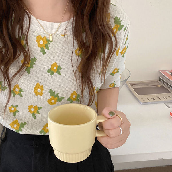 Cottagecore Floral Knit Tee - Y2K Aesthetic Top for Grunge, Coquette, and Soft Girl Styles