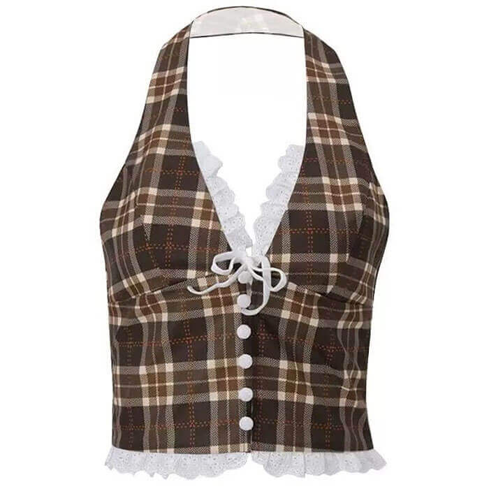 Cottagecore Plaid Halter Top - Y2K Aesthetic Cute Crop Top for Grunge & Coquette Style
