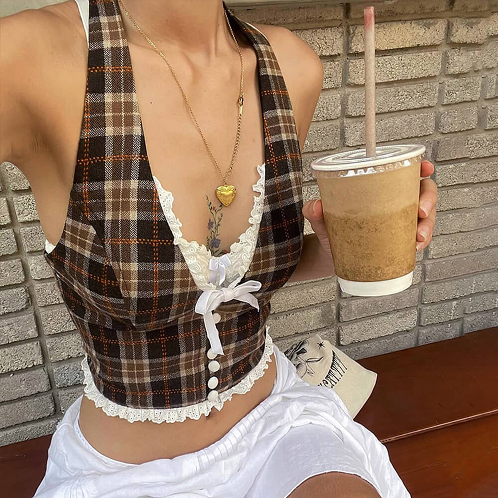 Cottagecore Plaid Halter Top - Y2K Aesthetic Cute Crop Top for Grunge & Coquette Style