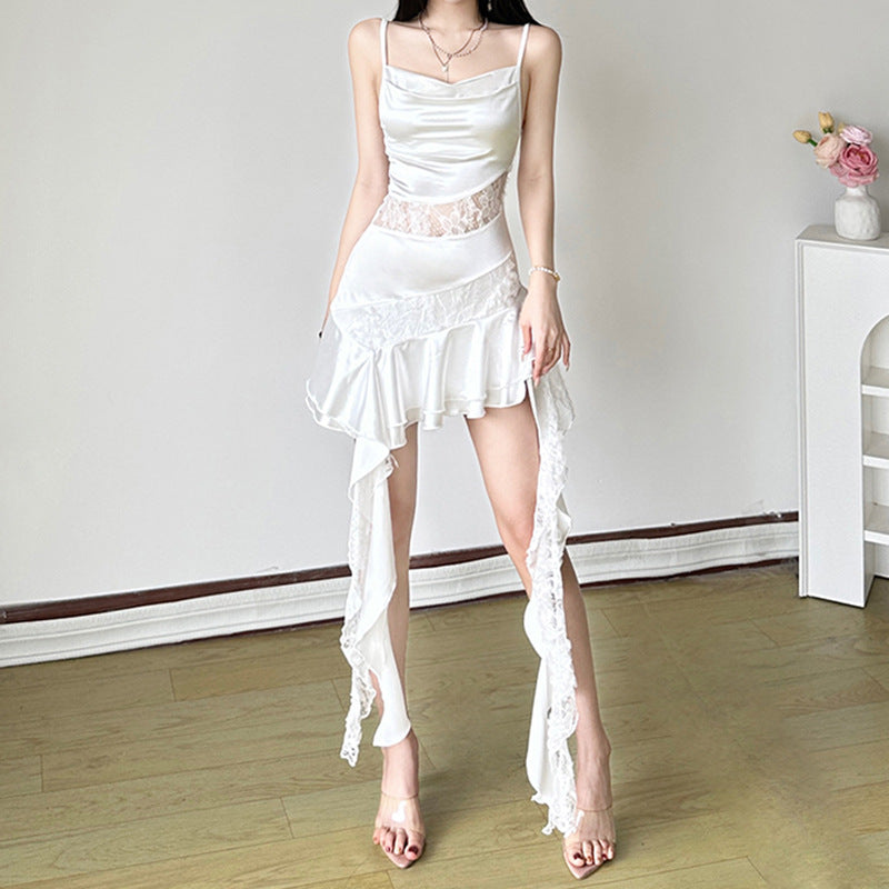 Cowl Neck Ruffle Lace Patchwork Mini Dress - Y2K Fashion Meets Coquette Aesthetic Style