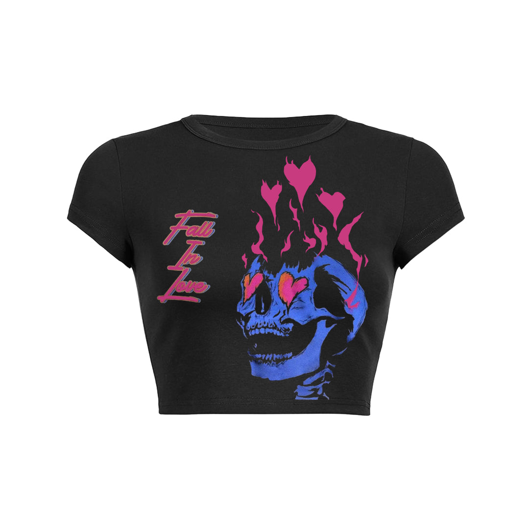 Fall in Love Skull & Heart Print Y2K Baby Tee Crop Top - Cute Grunge Aesthetic Fashion