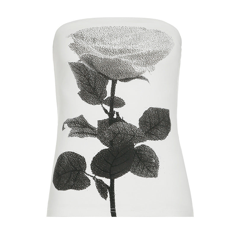 Flower Print Backless Contrast Tube Top - Y2K Fashion Meets Coquette Aesthetic