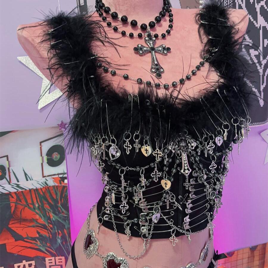 Fluffy Beaded Metal Applique Crop Top - Y2K Fashion Meets Coquette Aesthetic Style