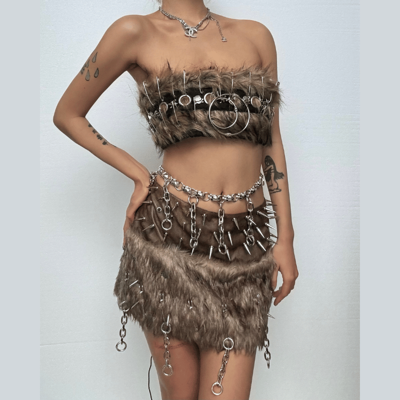 Fluffy O-Ring Rivet Applique Y2K Tube Mini Skirt Set for Grunge and Coquette Aesthetic