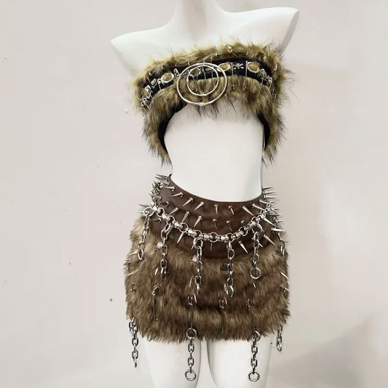 Fluffy O-Ring Rivet Applique Y2K Tube Mini Skirt Set for Grunge and Coquette Aesthetic