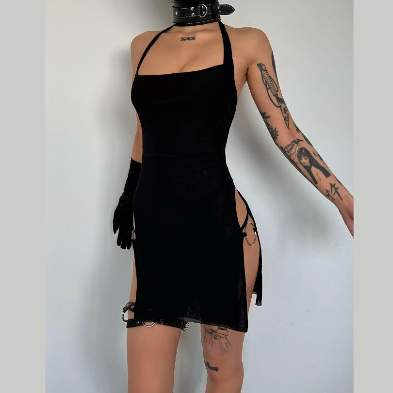 Halter O-Ring High Slit Ruffle Mesh Mini Dress - Y2K Fashion & Coquette Aesthetic Vibes