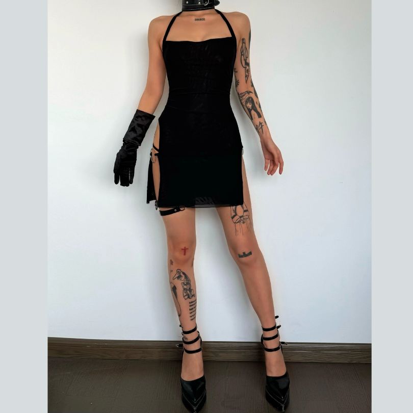 Halter O-Ring High Slit Ruffle Mesh Mini Dress - Y2K Fashion & Coquette Aesthetic Vibes