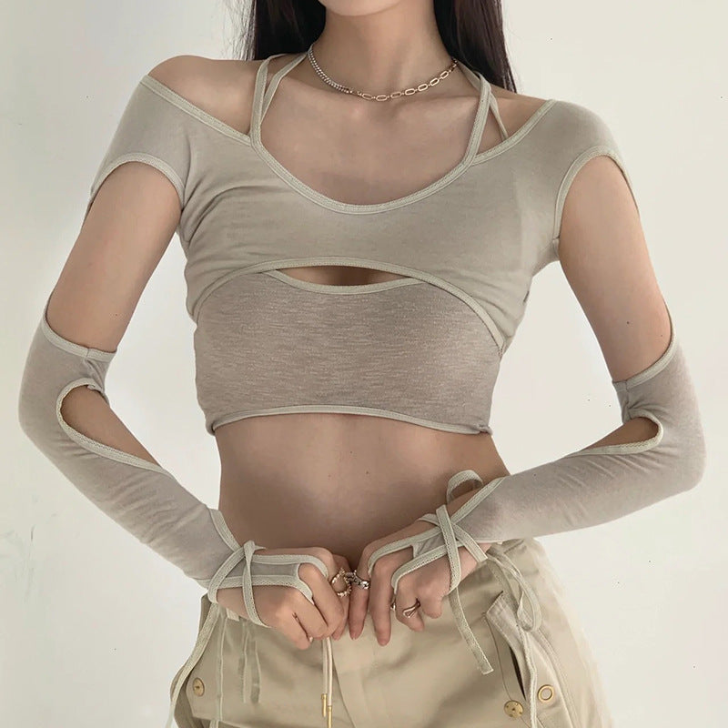 Hollow Out Long Sleeve U-Neck Self-Tie Crop Top - Y2K Fashion & Grunge Aesthetic Essential