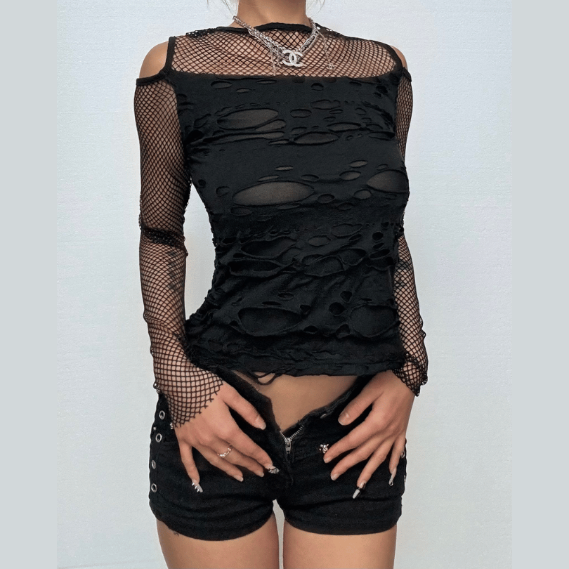 Irregular Long Sleeve Fishnet Top - Y2K Grunge Aesthetic, Cute Layering Piece for Edgy Style