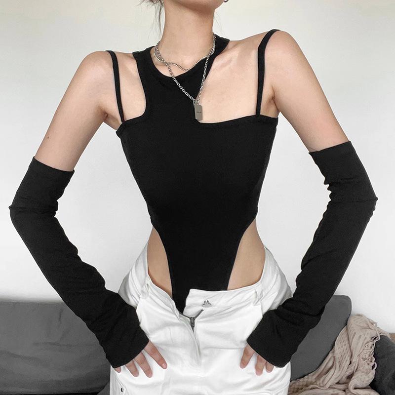 Irregular Solid Cami Crewneck Bodysuit - Y2K 90s Revival Techno Fashion Aesthetic Top