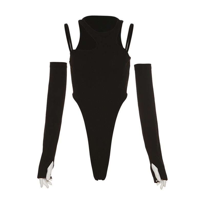 Irregular Solid Cami Crewneck Bodysuit - Y2K 90s Revival Techno Fashion Aesthetic Top