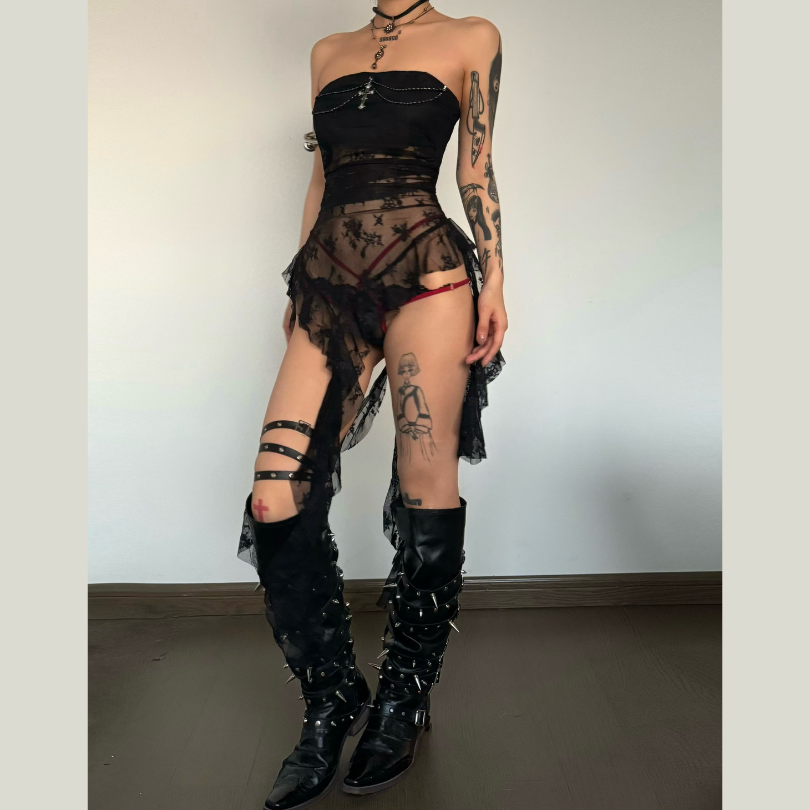 Lace Cross Applique Irregular Tube Mini Dress - Y2K Fashion & Coquette Aesthetic Style